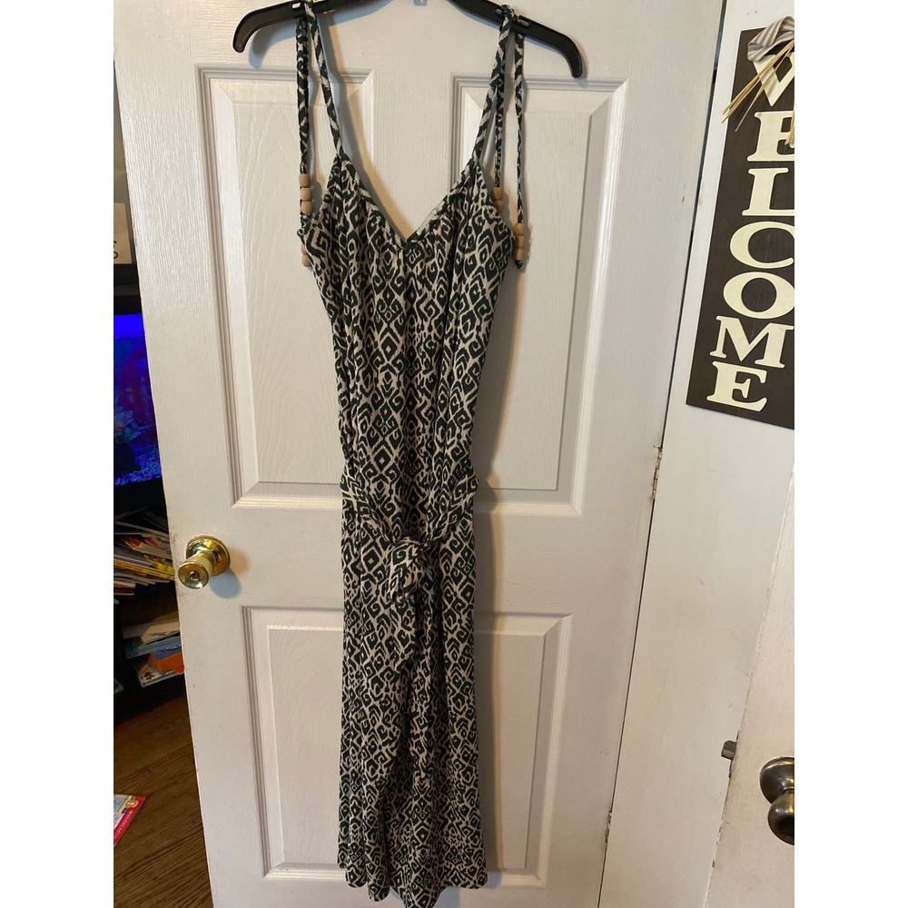 Harlow & Rose Green Geometric Ikat Print Jumpsuit Wide Leg Beaded Straps Medium